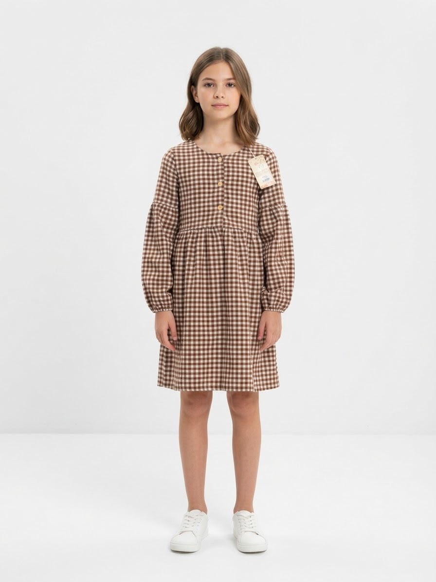 🤎 Vestido niña de cuadros café con botones