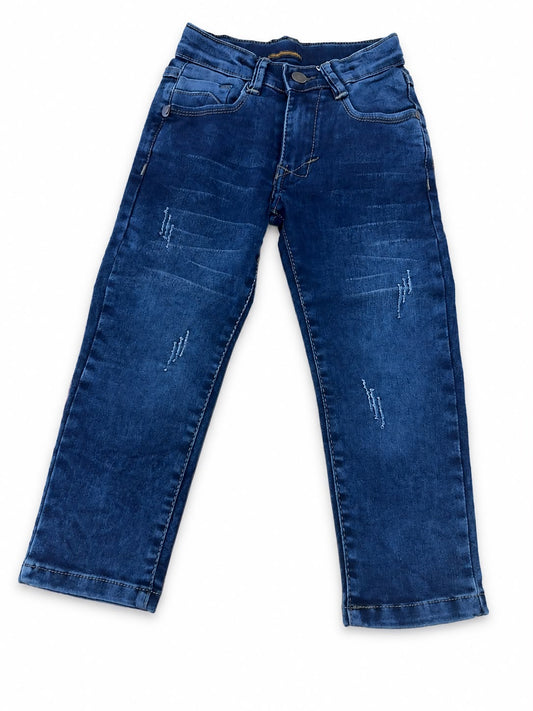 Pantalón niño mezclilla azul oscuro con detalles desgastados