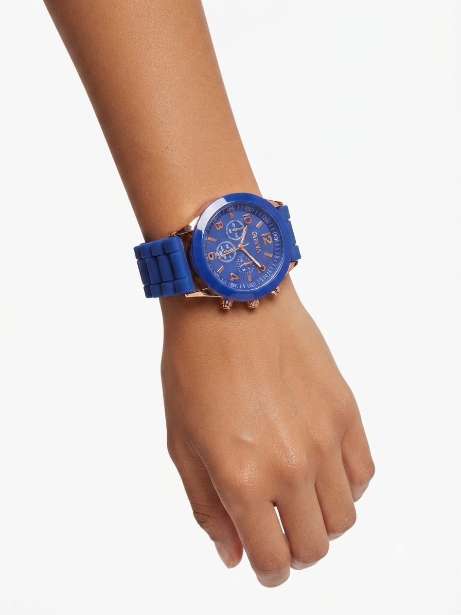 Reloj dama azul marino de silicón con detalles oro rosa
