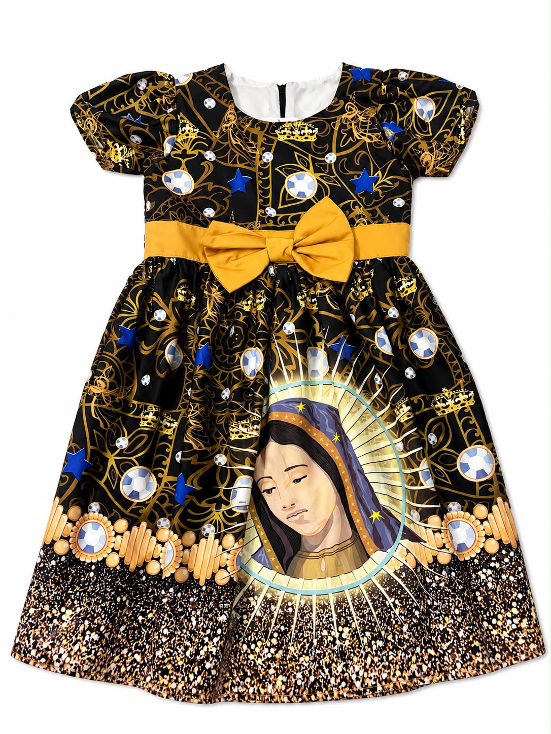 Vestido niña negro con estampado relogioso y moño dorado