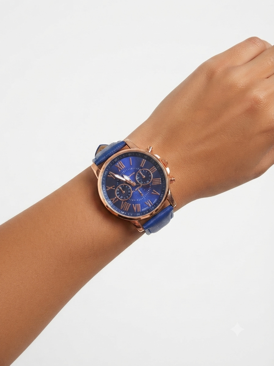 Reloj dama correa azul bisel oro rosa carátula azul