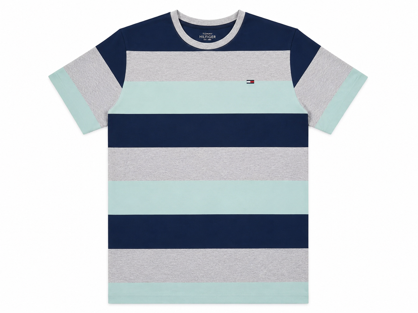 Playera niño cuello redondo a rayas azul marino, gris jaspe y verde menta