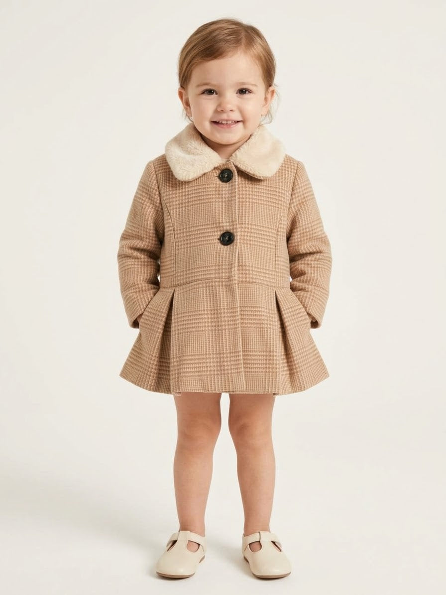 Vestido niña tipo abrigo Beige Cuadro Glen con Cuello de Peluche
