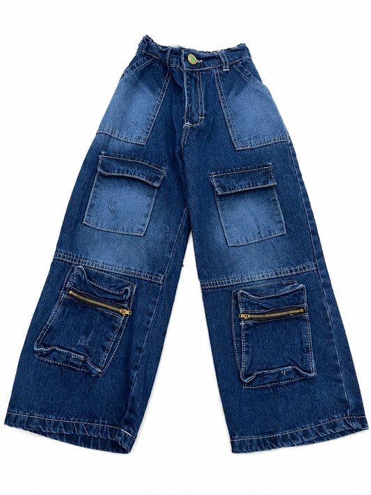 Pantalón niña cargo mezclilla wide las bolsas y cierres