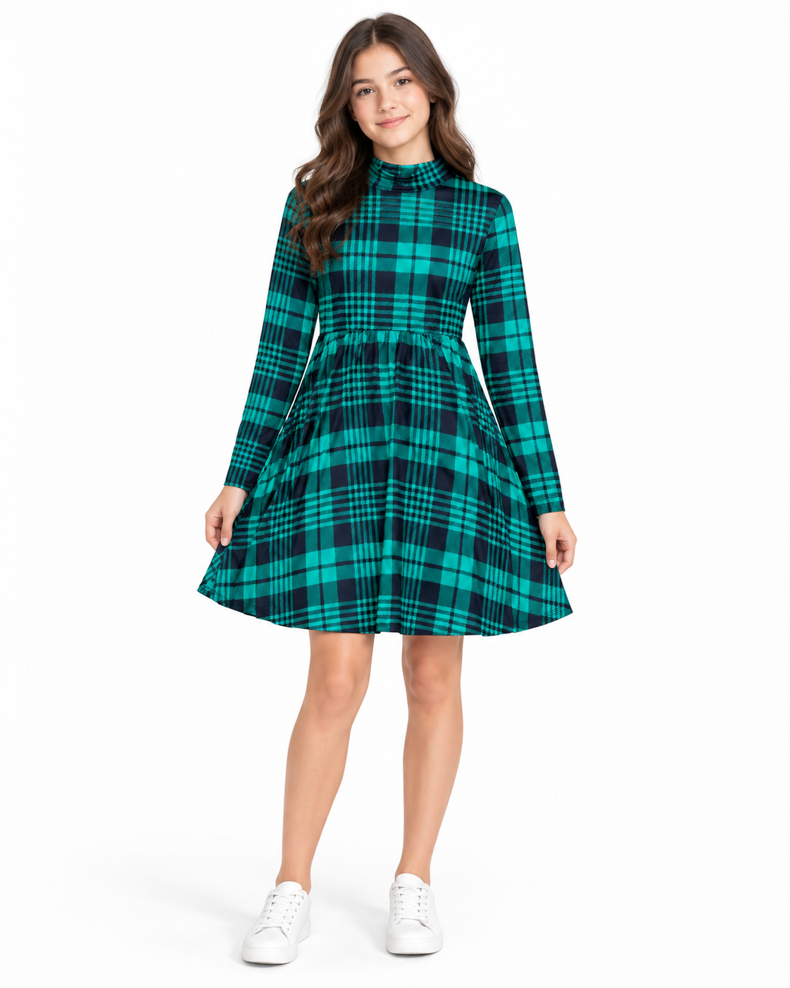 Vestido niña a cuadros verde y negro con manga larga