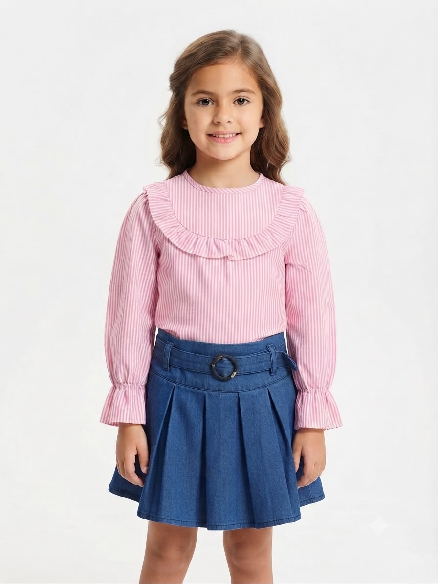 Set niña con blusa rosa de rayas y falda de mezclilla