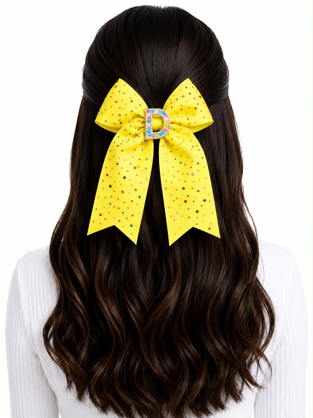 Moño niña amarillo con pedrería multicolor y letra D