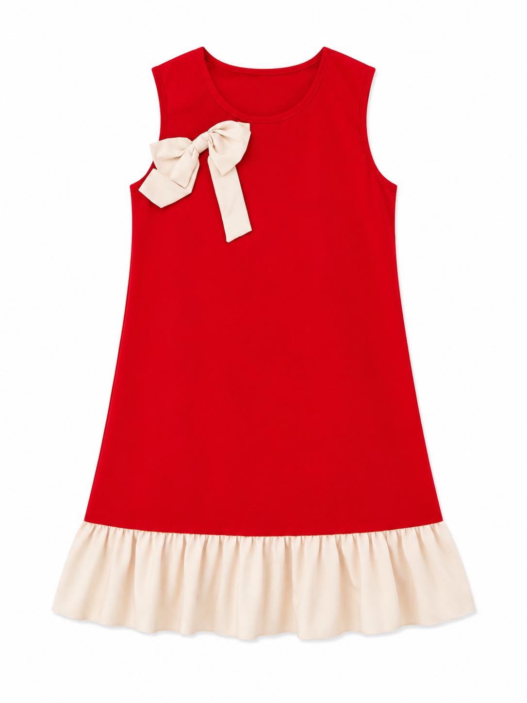 Vestido niña sin mangas con moño decorativo y olan en contraste
