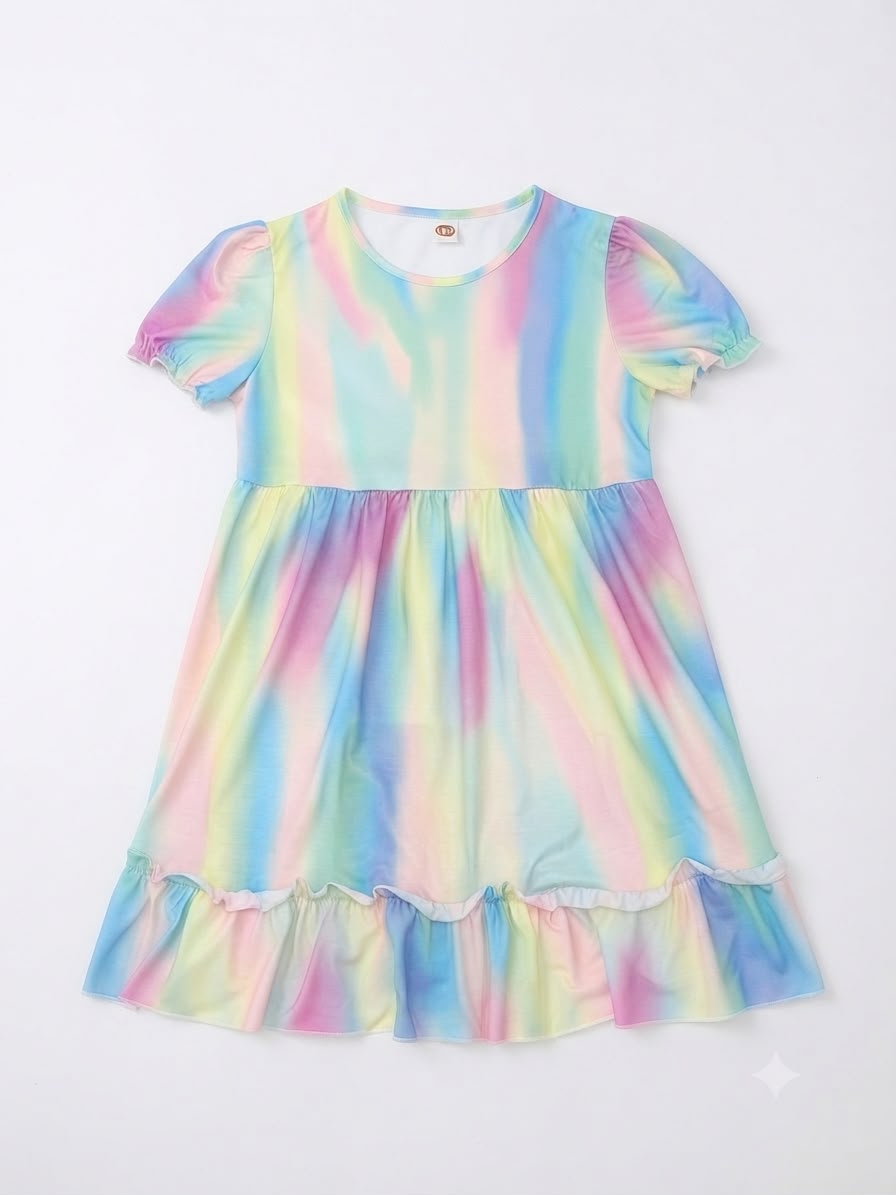 Vestido niña multicolor estilo tie-dye con manga corta y olan