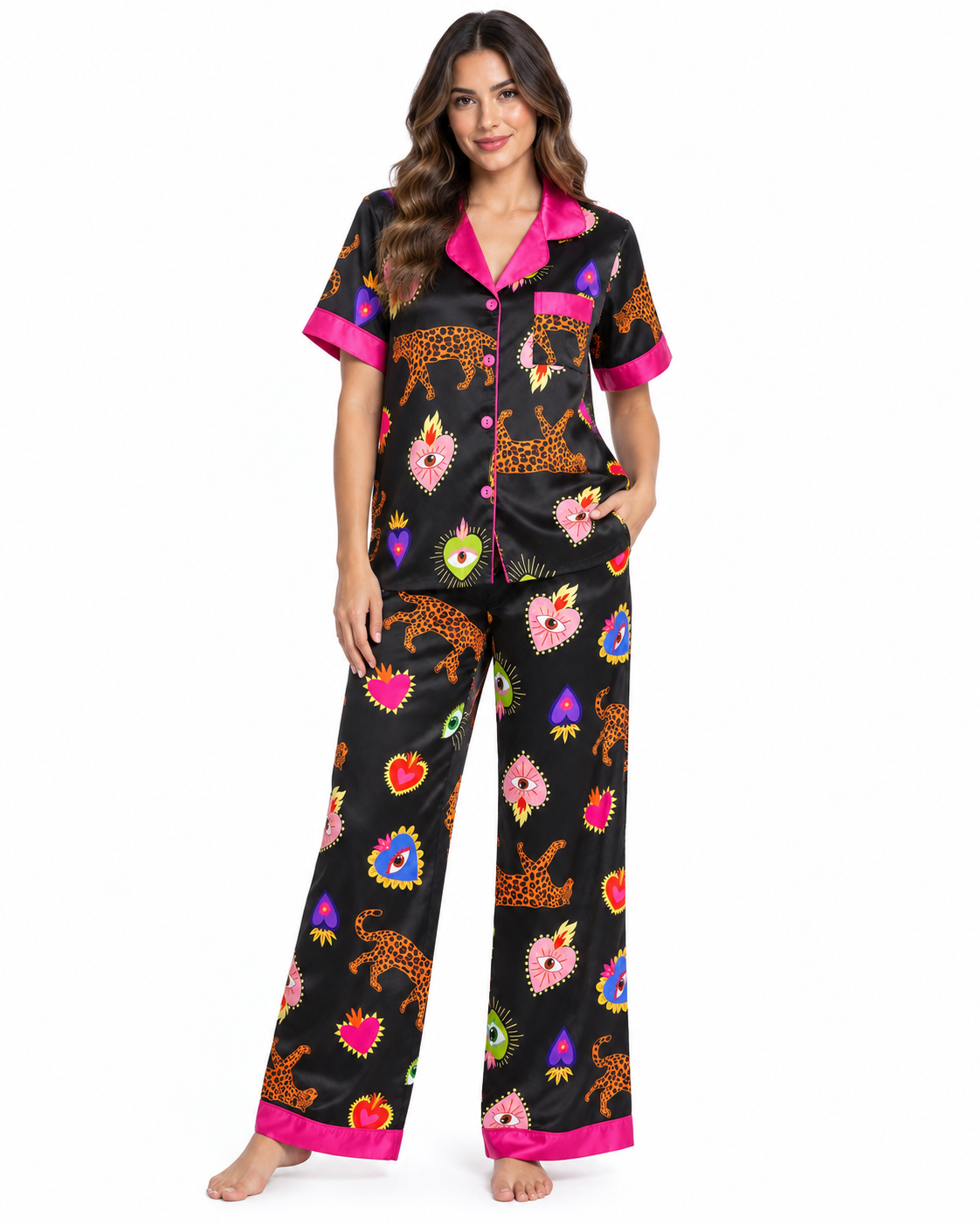 Pijama dama de 2 piezas con estampado de corazones y animal print ✨