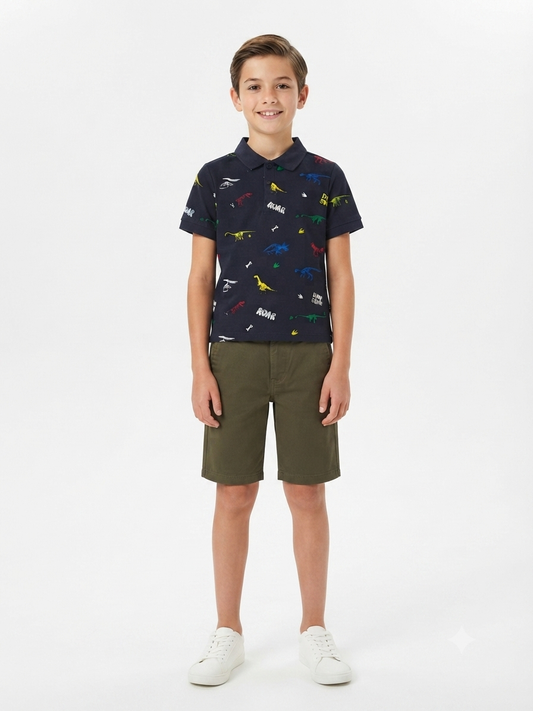 Set niño tipo polo estampado dinosaurios con short casual