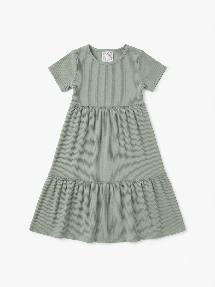 Vestido niña gris de tela acanalada con olanes