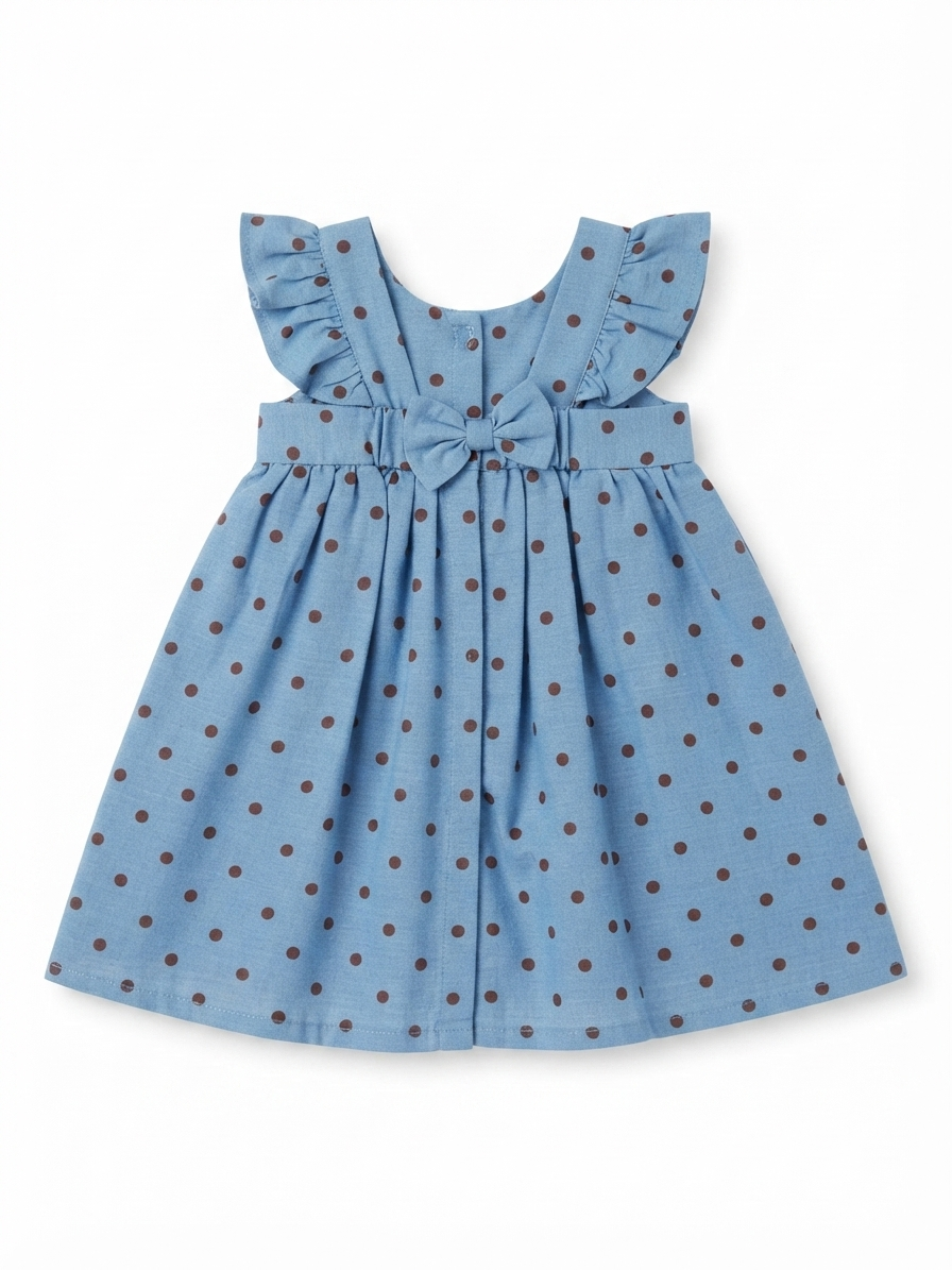 Vestido niña azul con estampado de lunares y olanes en hombros