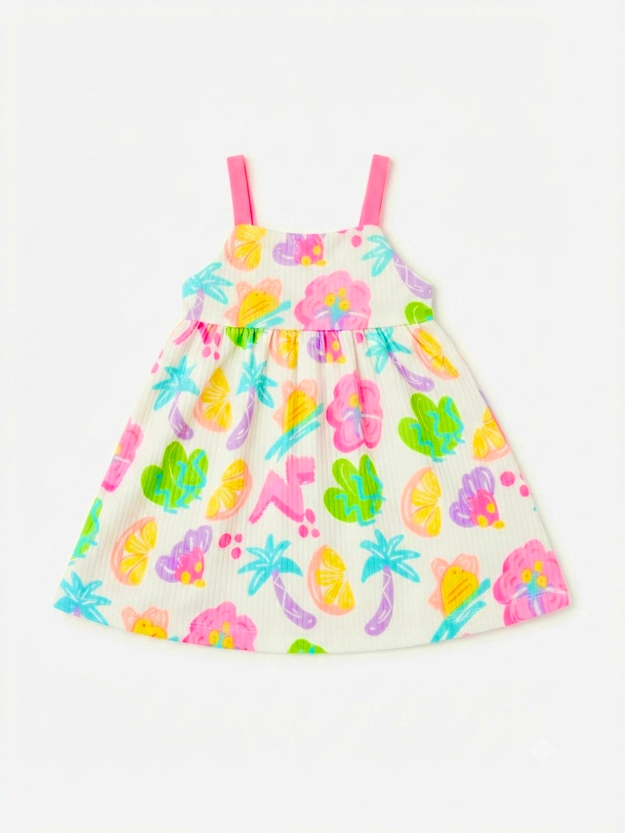 Vestido niña estampado tropical multicolor con tirantes rosa