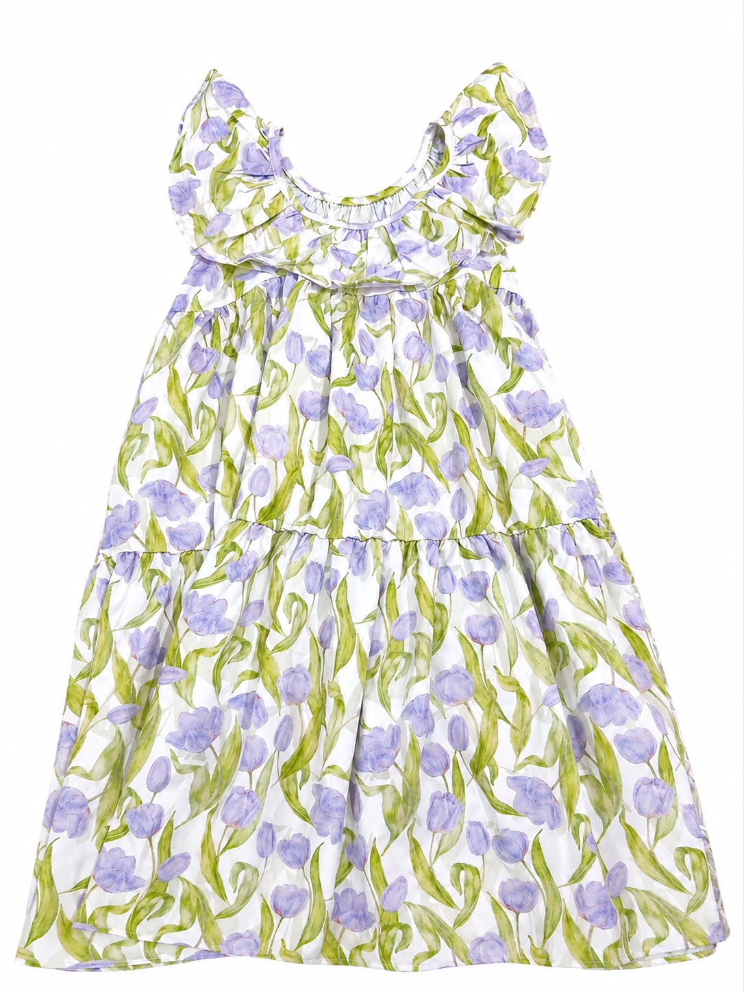 Vestido niña blanco con estampado de tulipanes lila
