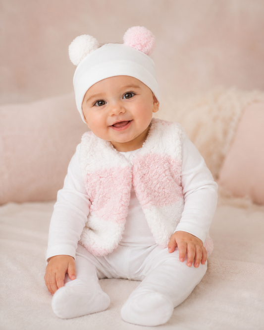 Set niña meses con mameluco, chaleco y gorrito