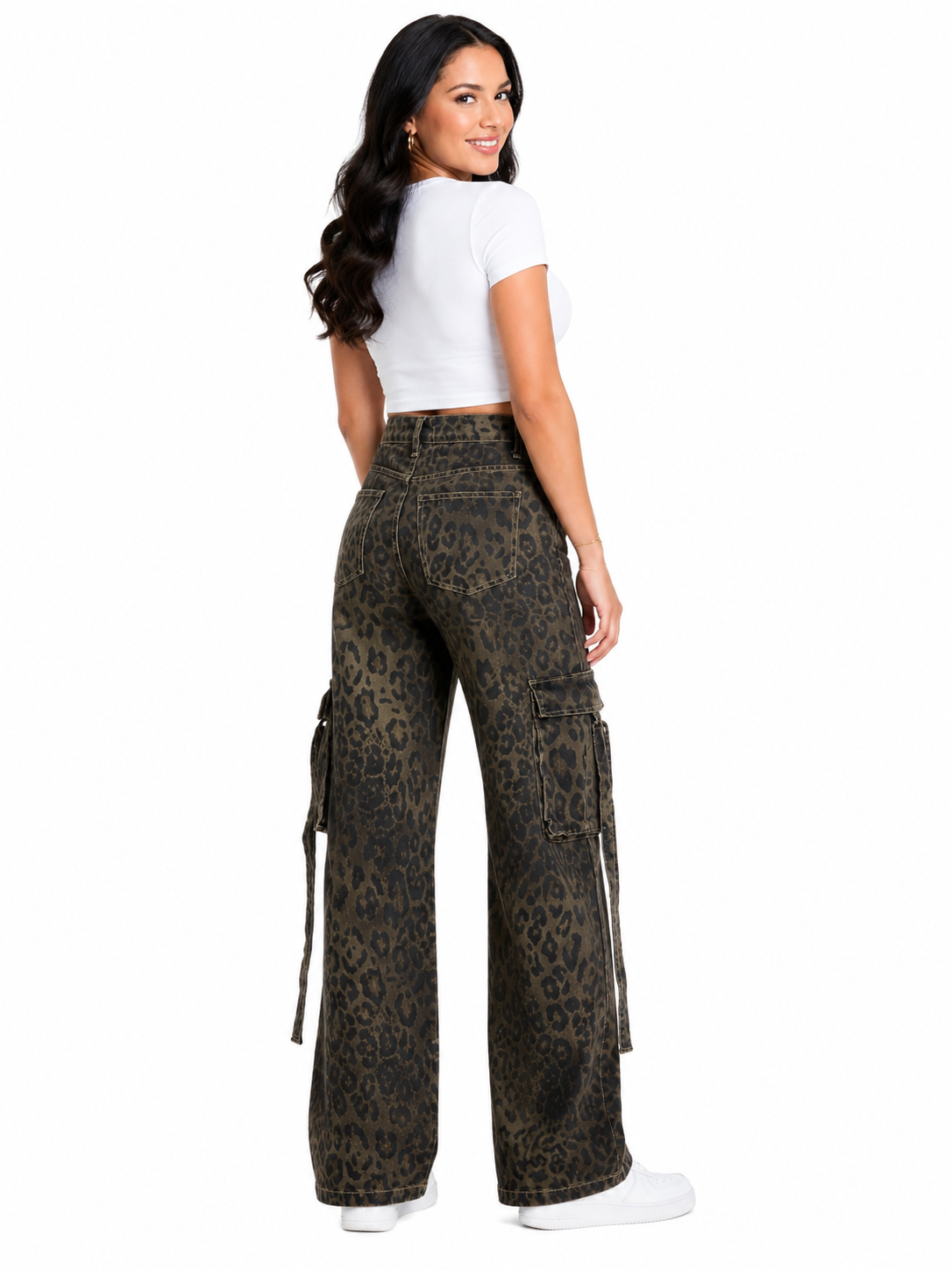 Pantalón dama mezclilla cargo palazzo animal print