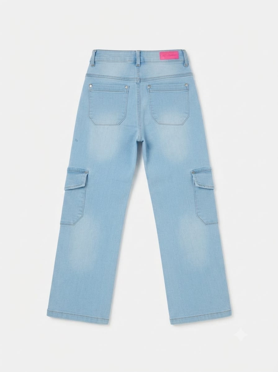 Pantalon niña mezclilla cargo llavero rosa