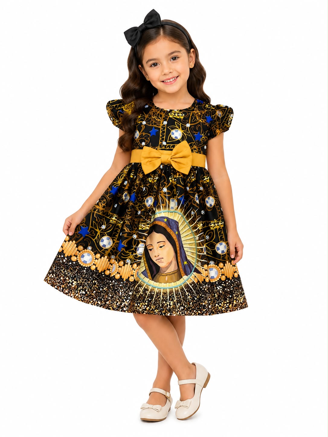 Vestido niña negro con estampado relogioso y moño dorado