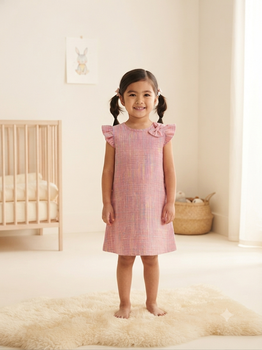 Vestido niña rosa a cuadros con mangas de olanes