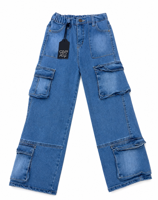 Pantalón niña cargo de mezclilla azul