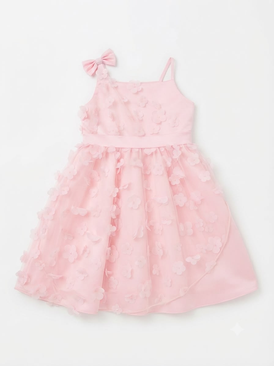 Vestido niña rosa con flores 3D tul