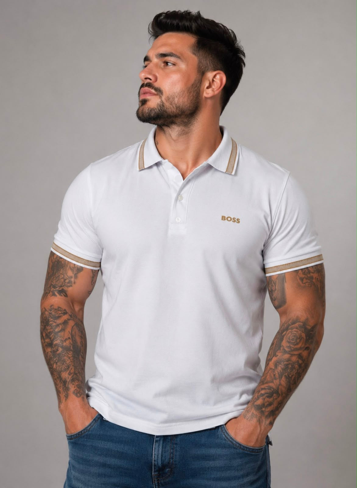 Playera caballero Tipo Polo B@SS Blanca con Detalles Beige