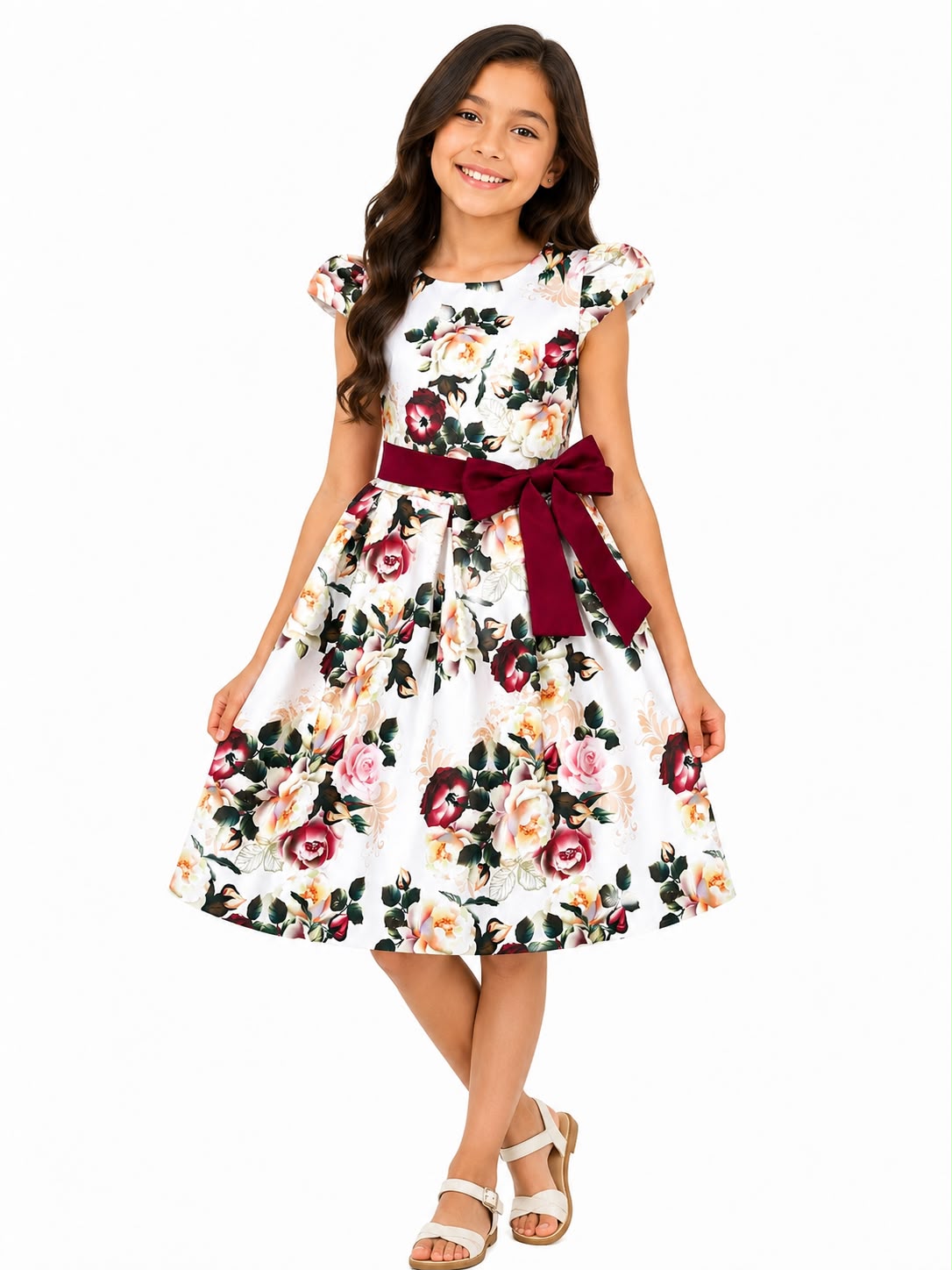 Vestido niña blanco con estampado floral y moño vino