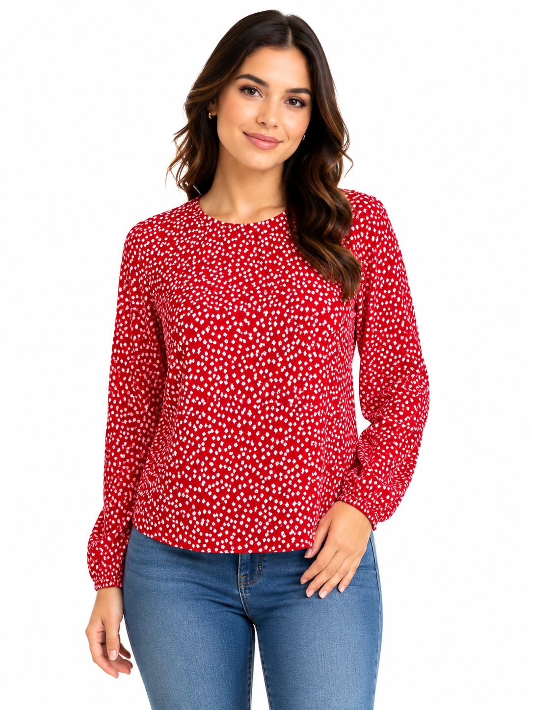 Blusa dama OFERTA manga larga estampada roja con flores blancas