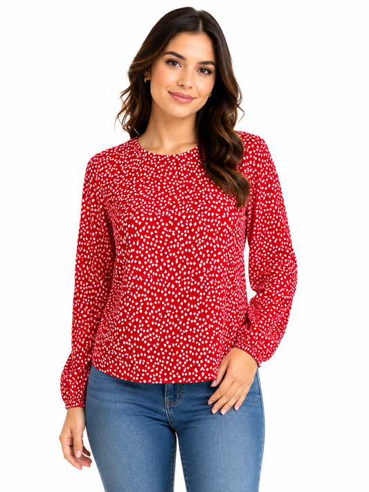 Blusa dama OFERTA manga larga estampada roja con flores blancas