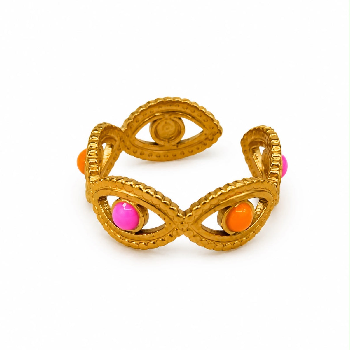 Anillo Dama dorado diseño de ojos con detalles de color