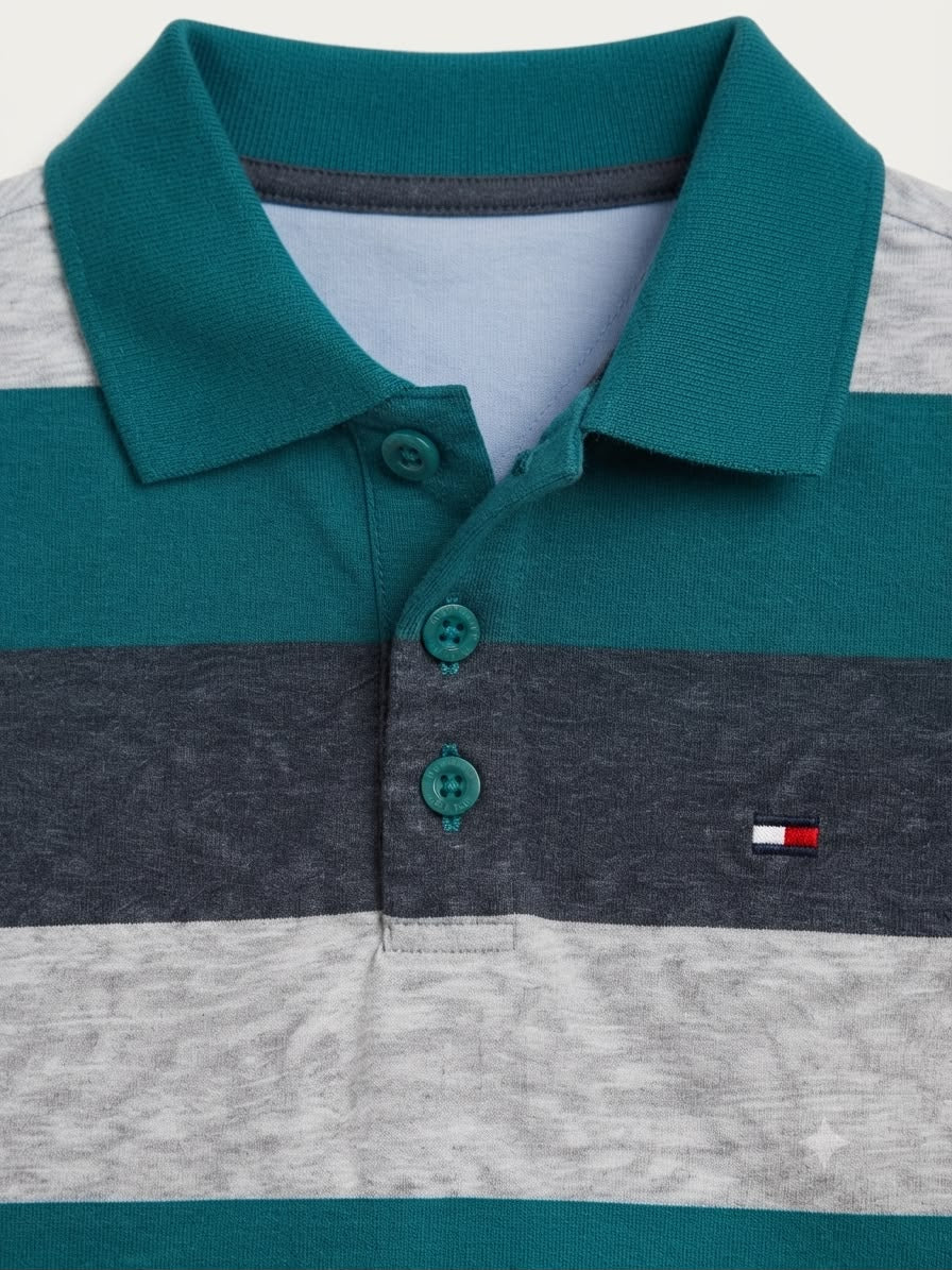 Playera niño tipo polo rayas verde, gris y gris oscuro