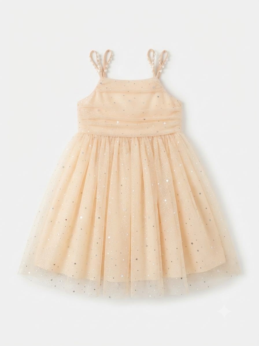 Vestido niña de tul beige con destellos