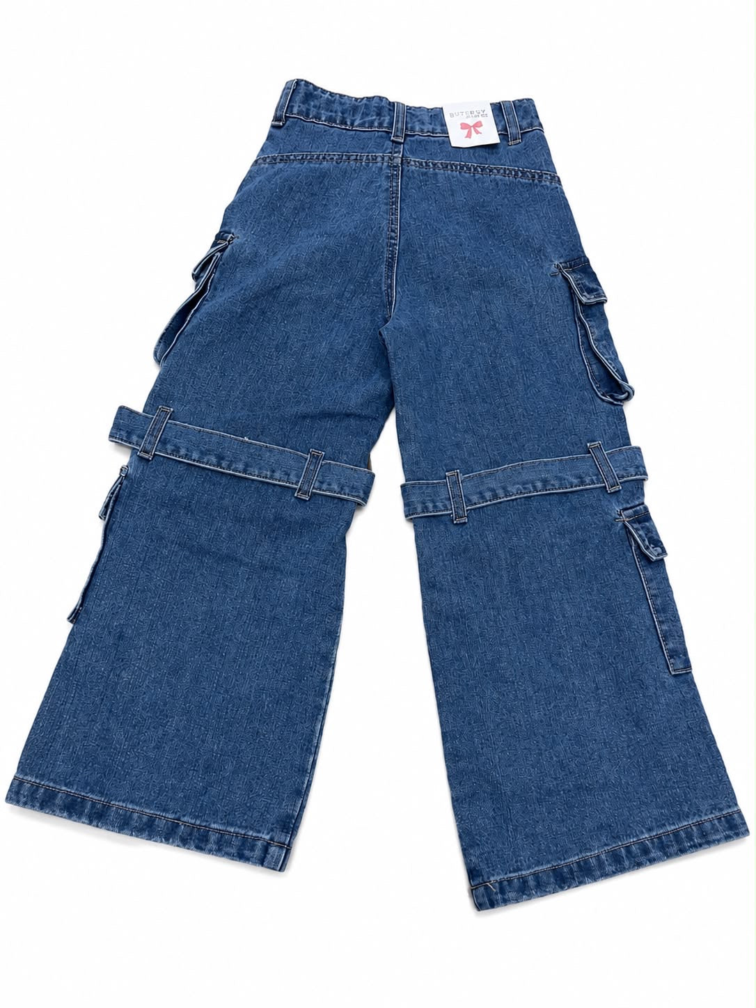 Pantalón niña cargo mezclilla wide leg con hebillas y bolsas