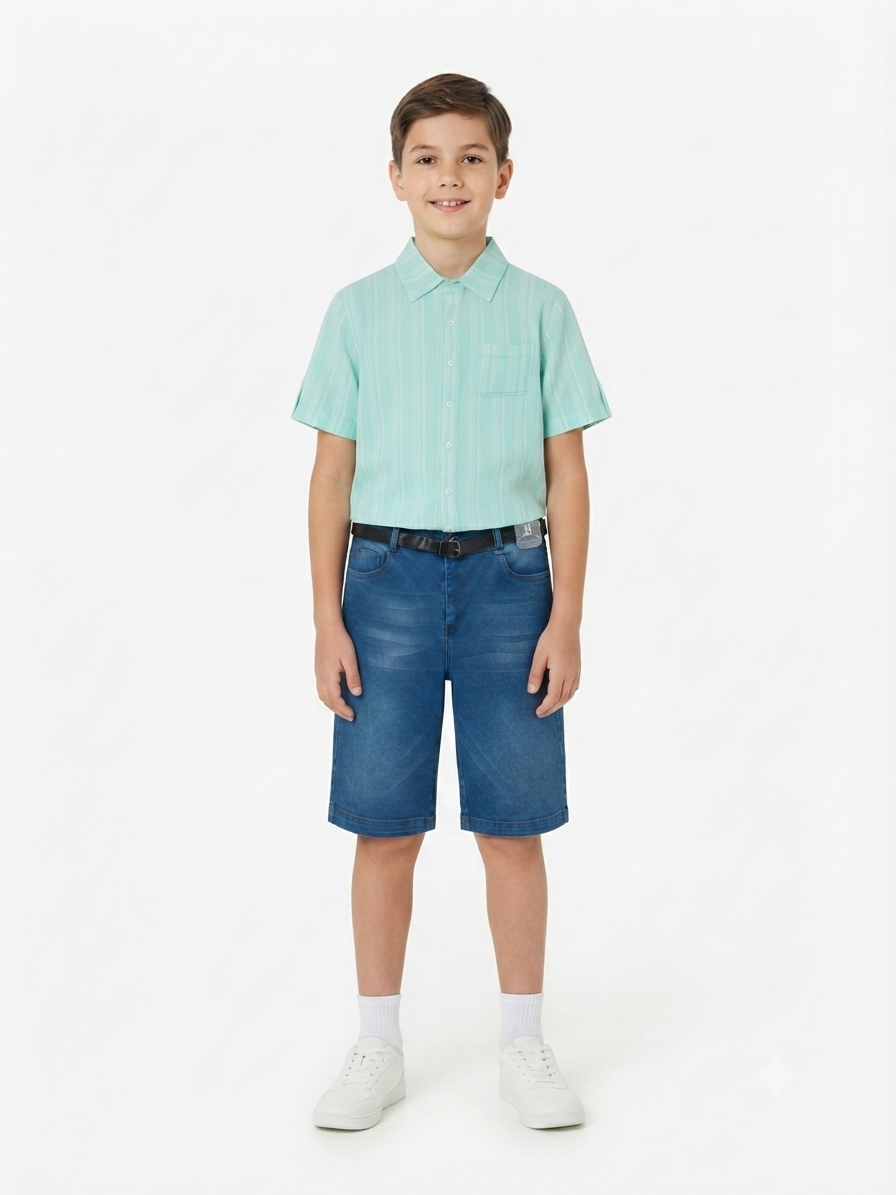 Set niño camisa + bermuda de mezclilla con cinturón – Verde agua