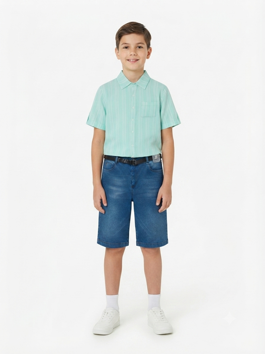 Set niño camisa + bermuda de mezclilla con cinturón – Verde agua