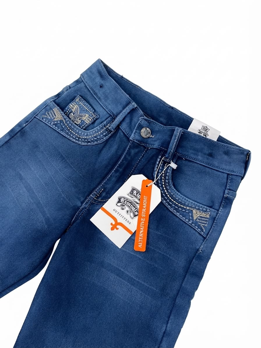 Pantalón niño vaquero de mezclilla con bordado en bolsas – Azul medio