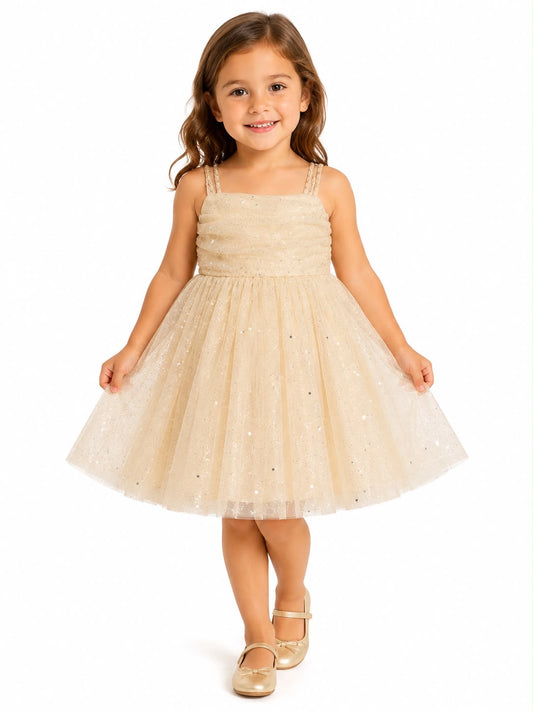 Vestido niña de fiesta beige con brillos