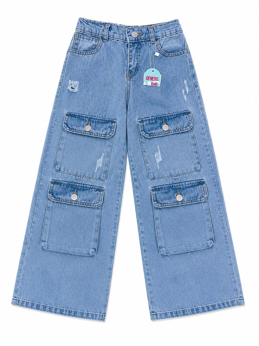 Pantalón niña cargo mezclilla azul claro