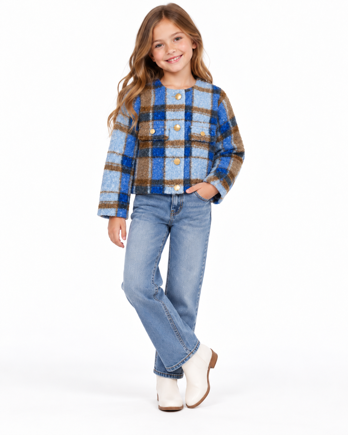 Blusa niña – Estampado a cuadros con botones dorados