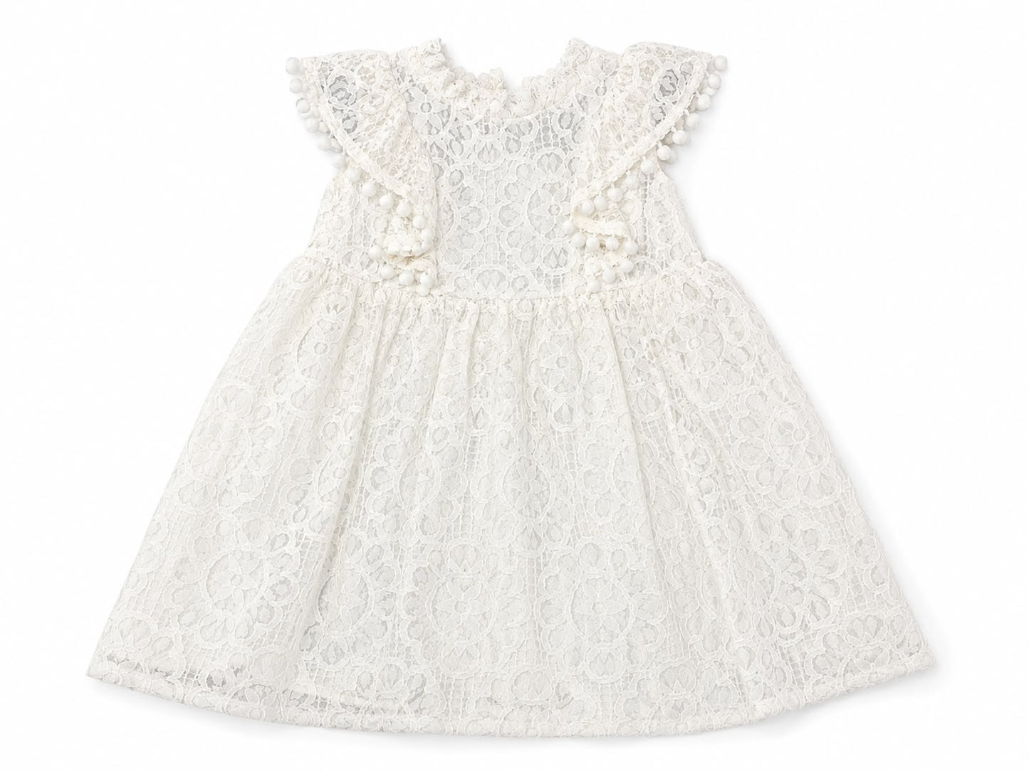 Vestido niña meses de encaje con pompones – Color blanco