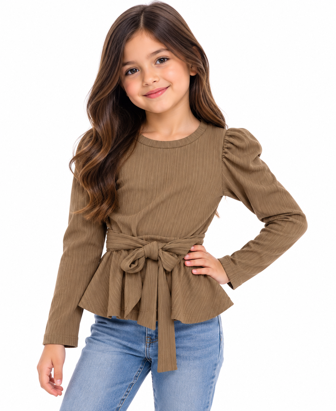 Blusa niña con manga abullonada y moño en cintura