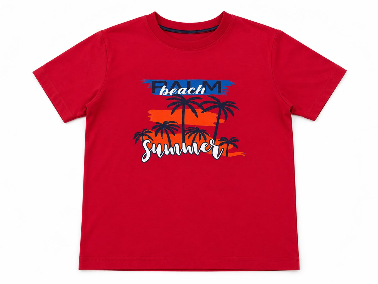 Set niño playera roja estampada Beach Summer con short azul marino