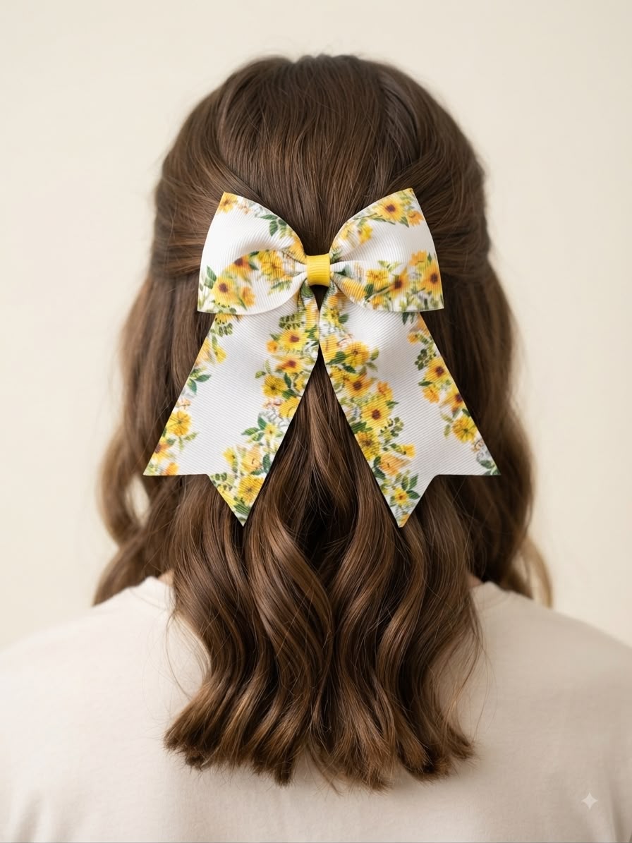 Moño niña blanco con estampado de girasoles y tiras largas