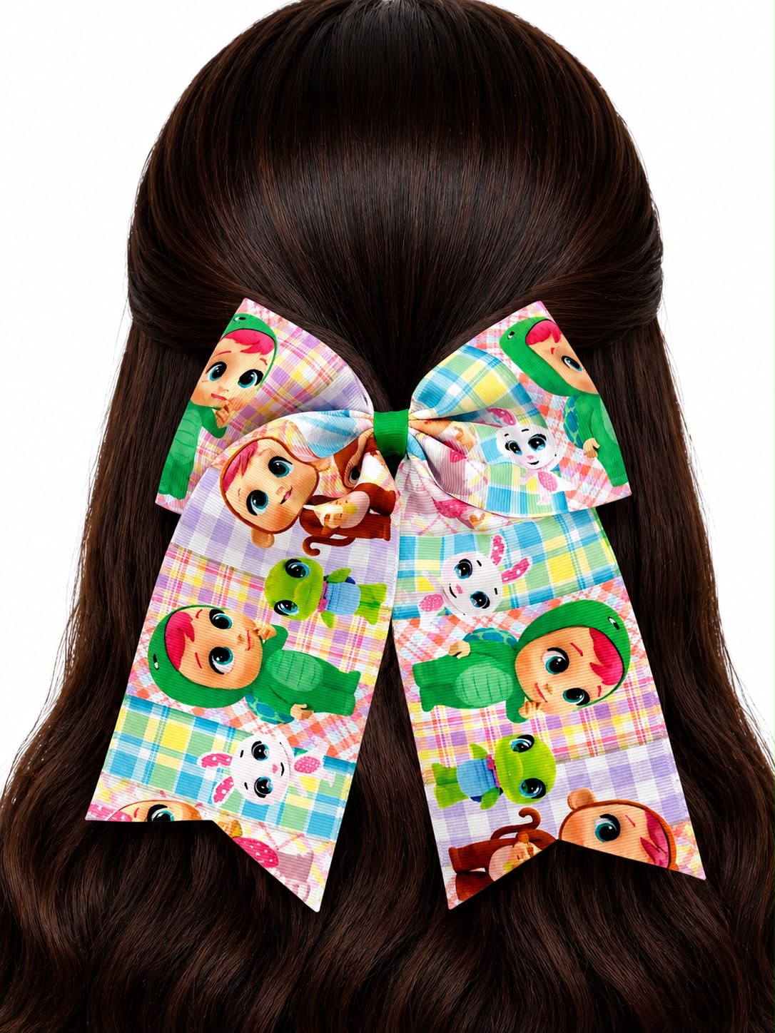 Moño niña multicolor con personajes infantiles 🎀🌈