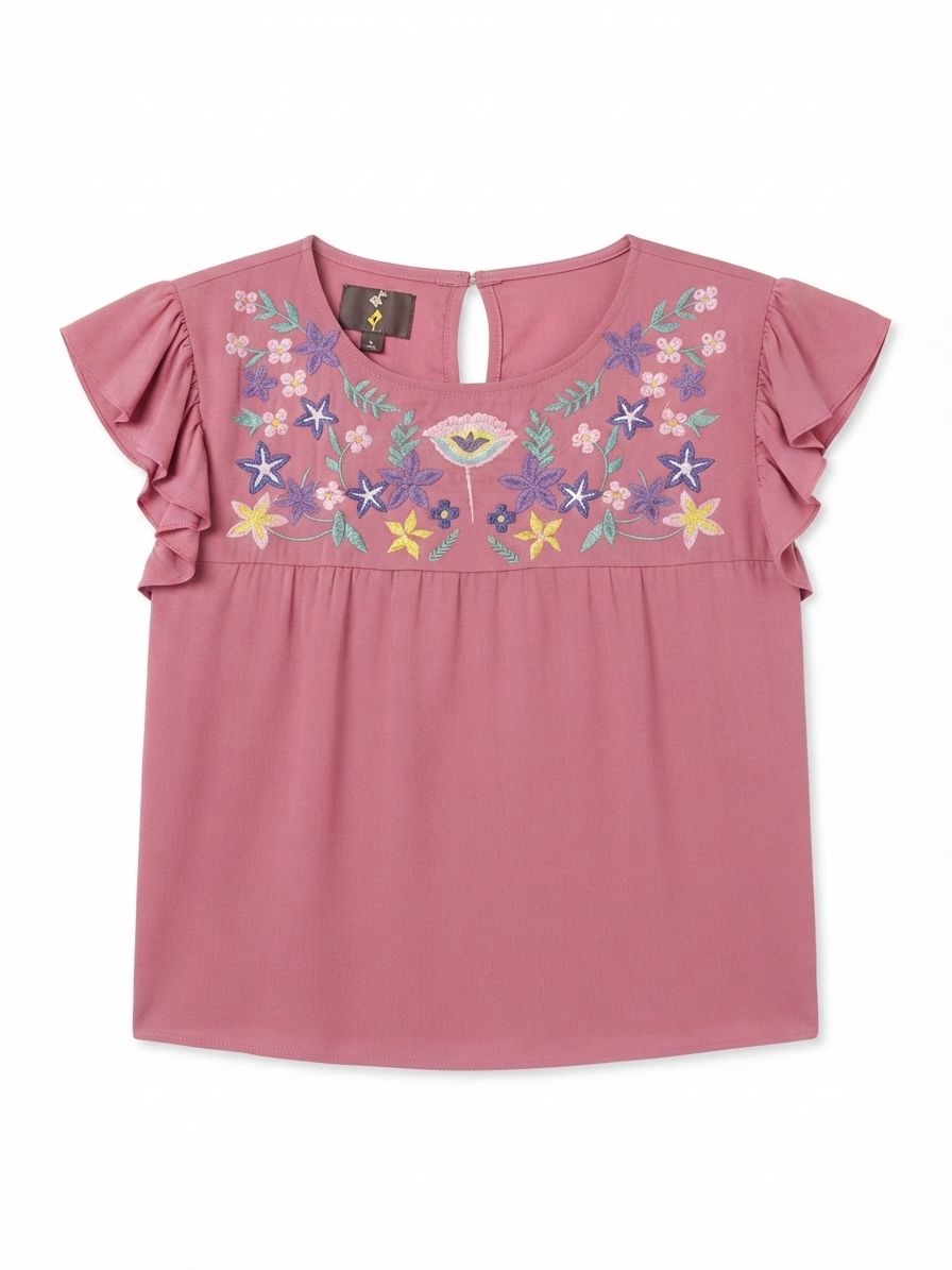 Blusa Dama OFERTA Bordada Manga Olanes Color Palo de Rosa