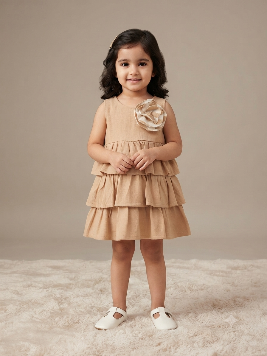 Vestido niña beige con olanes en capas y flor decorativa