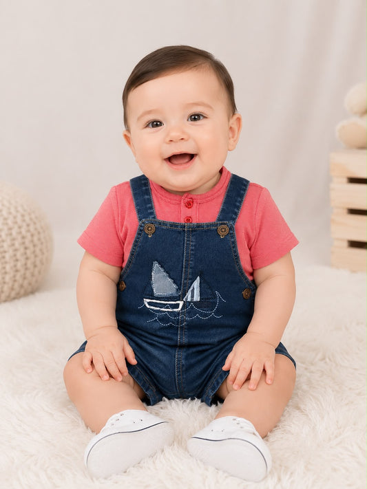 Set niño con jumper de mezclilla y playera coral