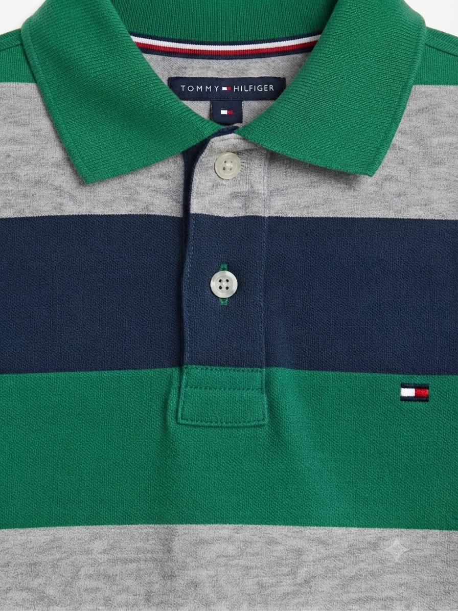 Playera niño tipo polo rayas verde, gris y azul marino