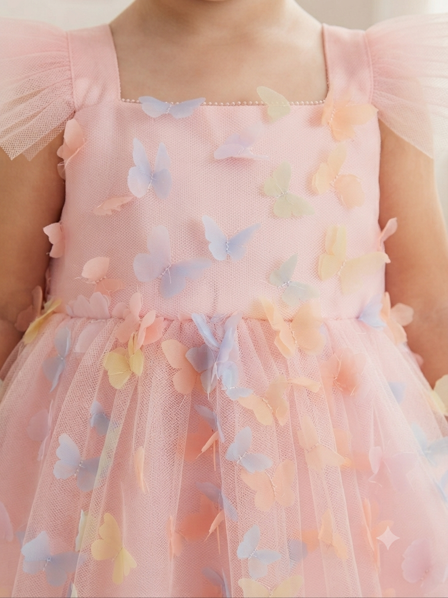 Vestido niña rosa con tul y mariposas 3D multicolor
